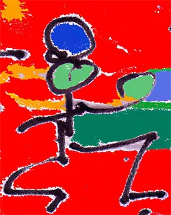 A joyful dancing figure in black, blue and green on a red ground